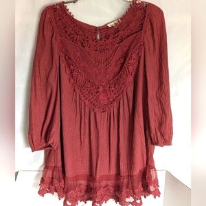 Entro Tunic Top Embroidered 3/4 Sleeves Size L Brick Red Loose Fit